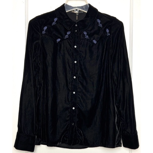 MAJE Velvet Floral Embroidered Long Sleeve Western Snap Button Collared Shirt M - Picture 4 of 12
